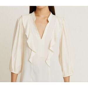 Amanda Uprichard 3/4 Sleeve Ruffle Trim Blouse Top White XS